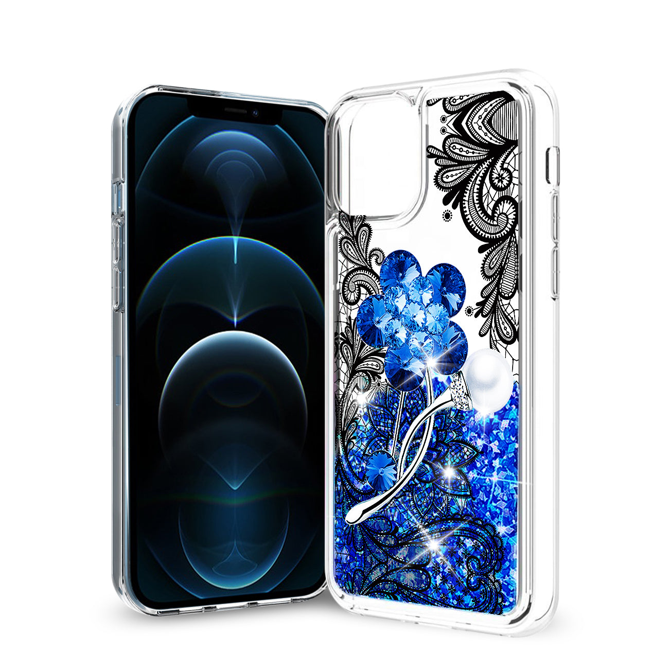 Reiko iPhone 12 Pro Max Glitter Case Moving Quicksand Navy Floral